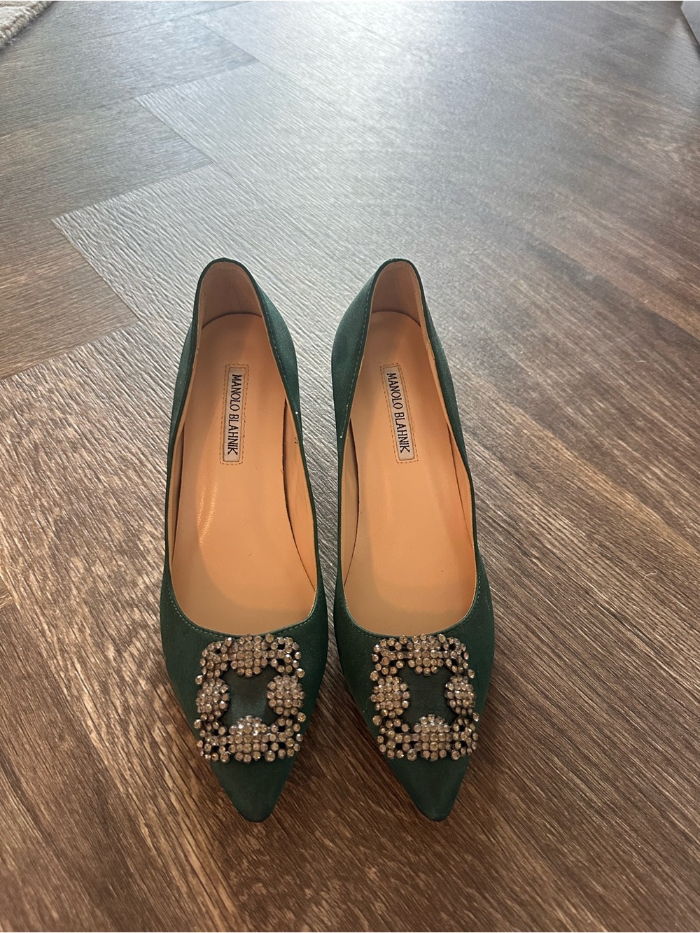Manolo Blahnik Green Embellished Pointed Toe Flats
